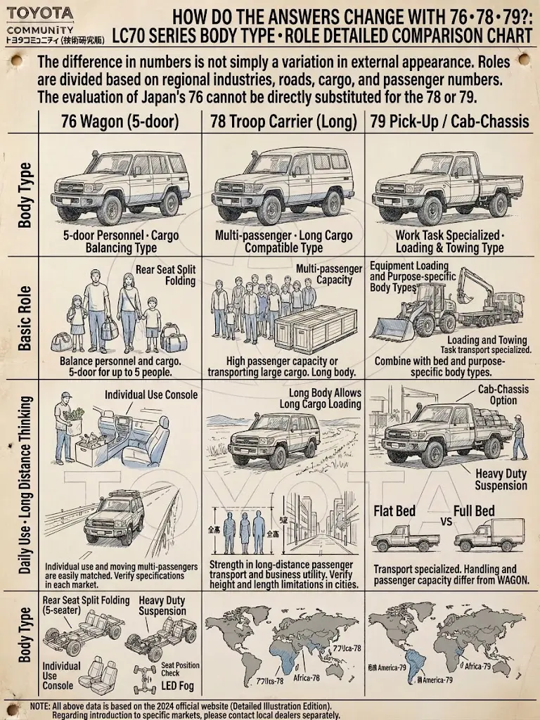 Illustration comparing the 76, 78 and 79 body styles