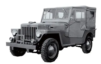 1951 Toyota BJ, the original Land Cruiser model, shown in black and white with military-style canvas top and rugged off-road tires