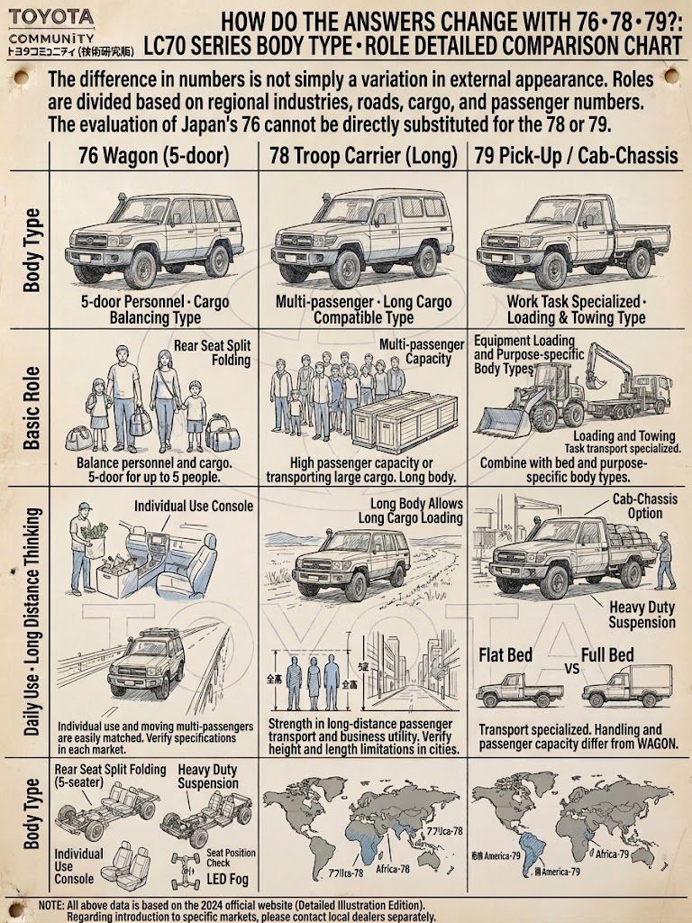 Illustration comparing the 76, 78 and 79 body styles